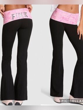 PINK Victoria's Secret Black Bootcut Yoga Pants with Pink Fold-Over Waist